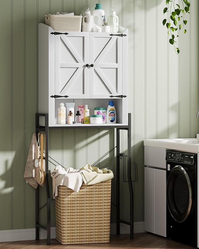 Memobarco Over The Toilet Storage Cabinet with 2-Door & Metal Stand, White | Toilet Paper Holder, 3 Extra Hooks, Anti-Tipping Device, With Adjustable Shelves, for Bathroom, Restroom, Laundry