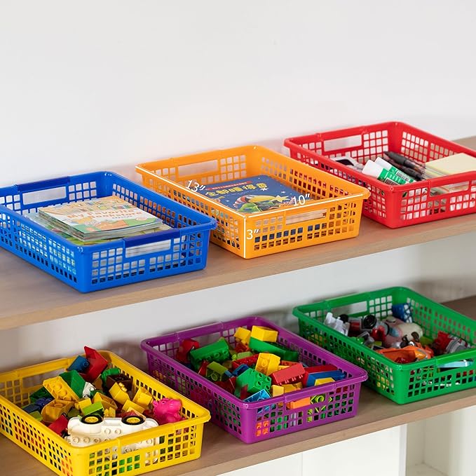 Basicwise 6-pc Assorted Colors Plastic Storage Basket Stackable Organizers for Paper Books Craft Supplies Pantry Items or Classroom Use Multi-Purpose Desk Accessories for Home School Daycare or Office