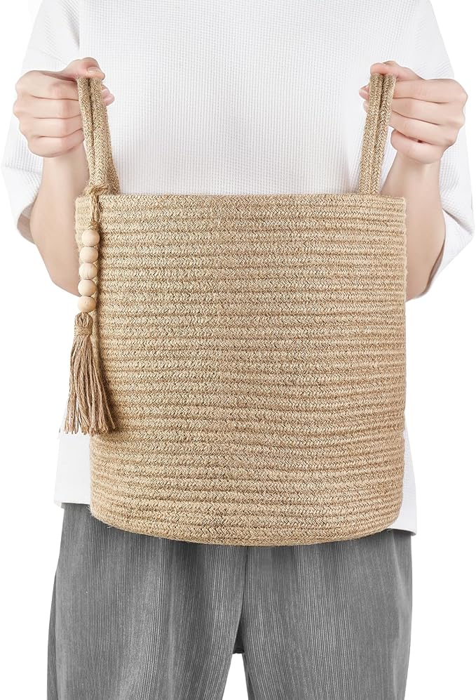 Mkono Woven Storage Basket Decorative Natural Rope Basket Wooden Bead Decoration for Blankets,Toys,Clothes,Shoes,Plant Organizer Bin with Handles Living Room Home Decor (Brown, 28 x 28cm)