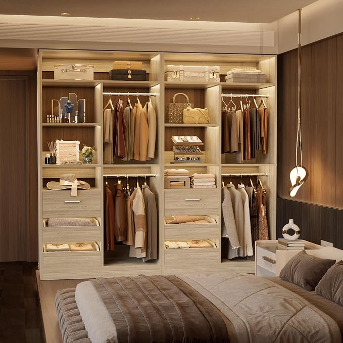 36 Inches Modular Closet Drawers System, 3FT Wood Closet Organiser with Closed & Half-Open Drawers, Walk-in Freestanding Wardrobe Storage Cabinet with 6 Shelves, White Oak (36"L x 15" W x 80" H)