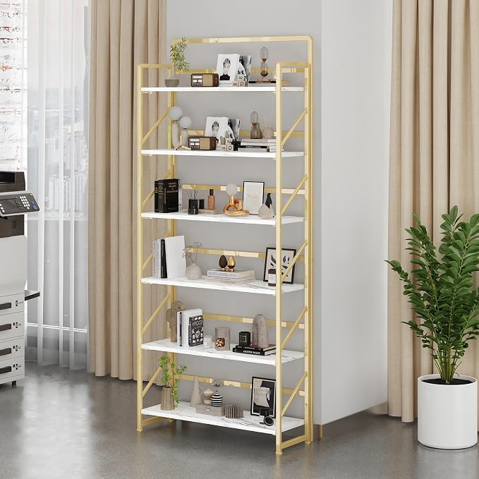 JSB 6 Tier No Assembly Folding Bookshelf, 30.3" Wide Foldable Storage Bookcase for Home Office, Space-Saving Storage Shelf for Living Room (White&Gold)