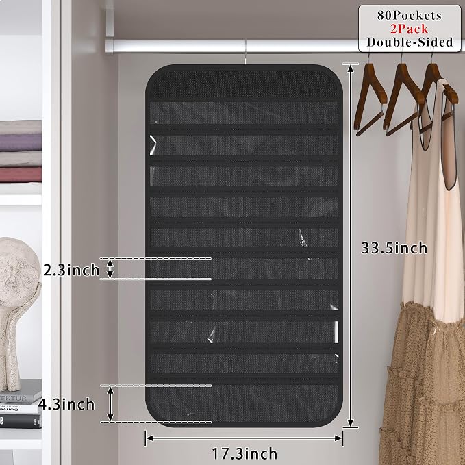Hanging Jewelry Organizer 80-Pocket Double-Sided Storage, 2-Pack, Black | Foldable clear PVC 80-pocket storage; swivel hook fits walls, doors & rods to organize earrings, necklaces, bracelets & rings