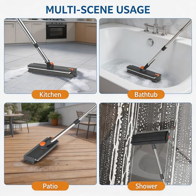 3 in 1 Long Handle Floor Scrub Brush with Squeegee | Adjustable stiff bristle scrubber with squeegee & tweezer, duty multi-surface for shower tile patio kitchen bathtub cleaning