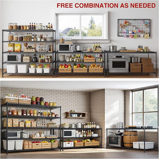 46” W Storage Shelves with Wheels,5 Tier Wire Shelving Heavy Duty,Adjustable Shelving Units,Garage Storage Shelves,3000LBS Metal Shelving,for Pantry,Kitchen,Warehouse,Rolling Shelf,46”W×16”D×72”H