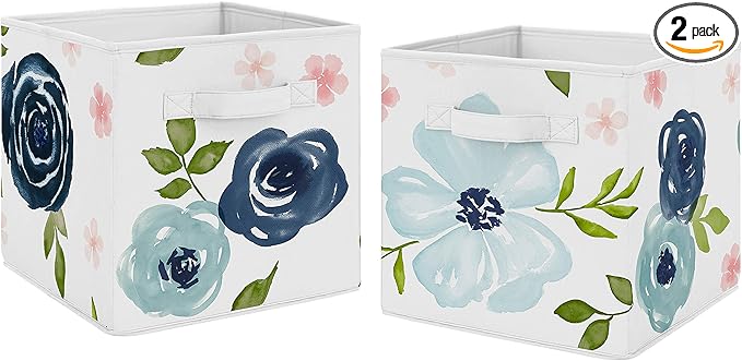 Sweet Jojo Designs Navy Blue and Pink Watercolor Floral Foldable Fabric Storage Cube Bins Boxes Organizer Toys Kids Baby Childrens - Set of 2 - Blush, Green and White Shabby Chic Rose Flower