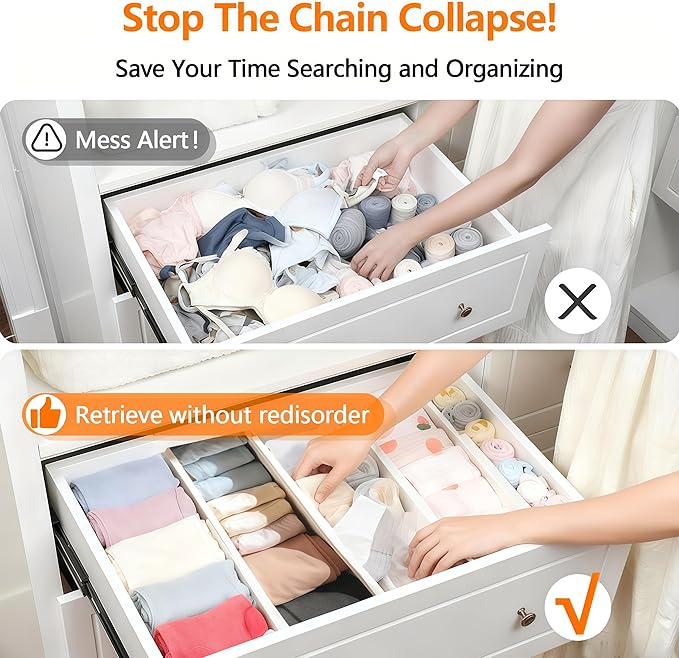 6 Pack Adjustable Drawer Organizer Dividers for Wardrobe, Baby Clothes, Cosmetics & Toiletries – Expandable Storage Solution for Drawers