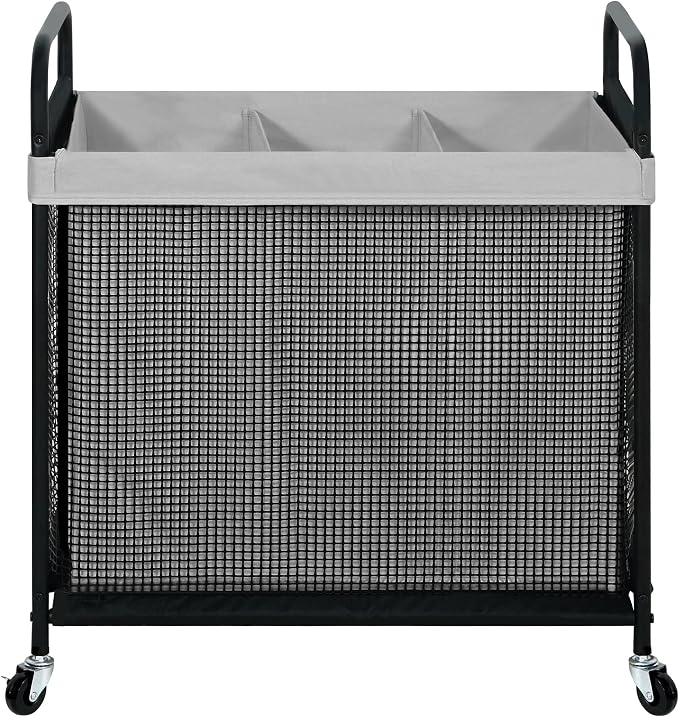 STO STO Laundry Hamper 3 Section, 120L Rolling Laundry Sorter Cart with Removable and Washable Liner Bag, Clothes Hamper with Wheels and Metal Handle for Laundry Room and Bedroom, Gray