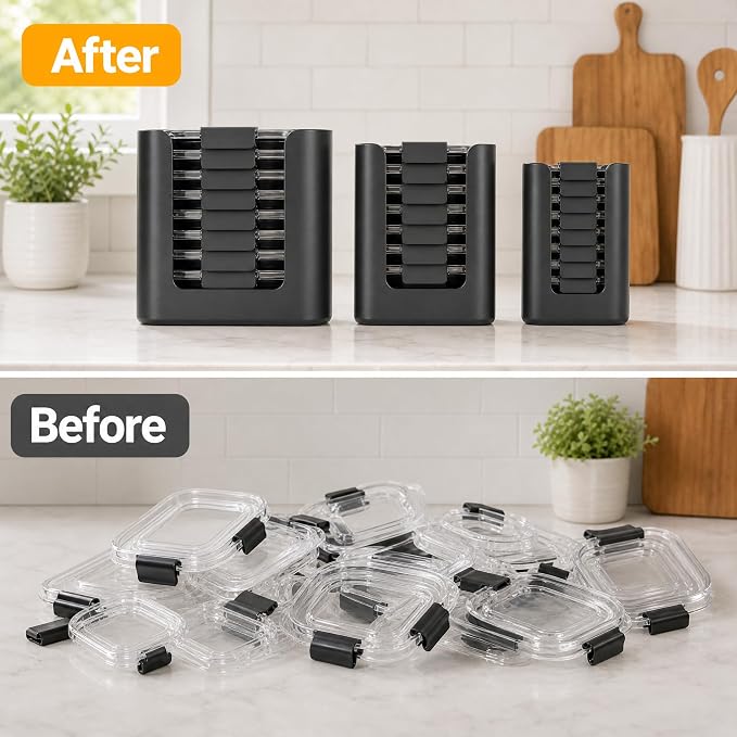Food Container Lid Organizer for Rubbermaid Brilliance Lids, 3 Pcs Lid Organizers for Cabinet, Holds 24 Snap-On Lids, Stackable Kitchen Cabinet Organizer for 0.5, 1.3, 3.2 & 4.7 Cup Lid, Black