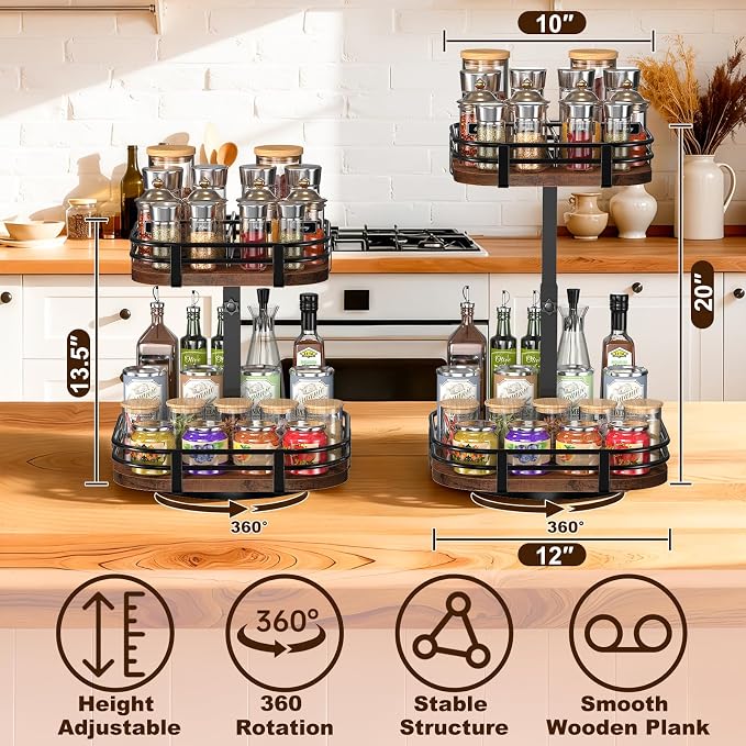 12" Large Lazy Susan Turntable Organizer Adjustable - Rotating Spice Rack for Table Top, 2 Tier Wood Spice Cabinet Organizer for Pantry Kitchen Countertop Coffee Bar Cupboard Bathroom Vanity Storage