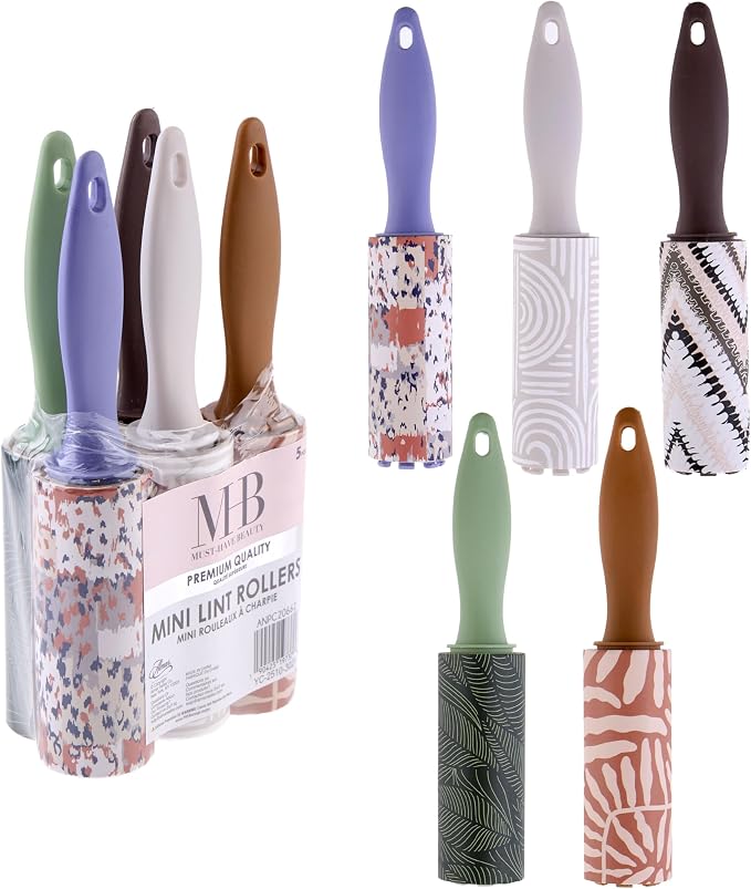 5pc Boho Mini Lint Roller Value Pack - Colorful Compact Rollers for Travel | Pet Hair & Lint Remover for Clothing & Household Use. Portable On-the-Go Lint Removers