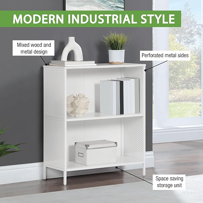 OSP Home Furnishings Ace Contemporary Modern Storage Bookcase with Shelves, 2 Shelves, White Finish