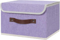 ANMINY Storage Bin with Lid Storage Boxes with PU Leather Handles PP Plastic Board Decorative Foldable Lidded Cotton Linen Fabric Home Cubes Baskets Closet Organizer Container - Purple, Small Size