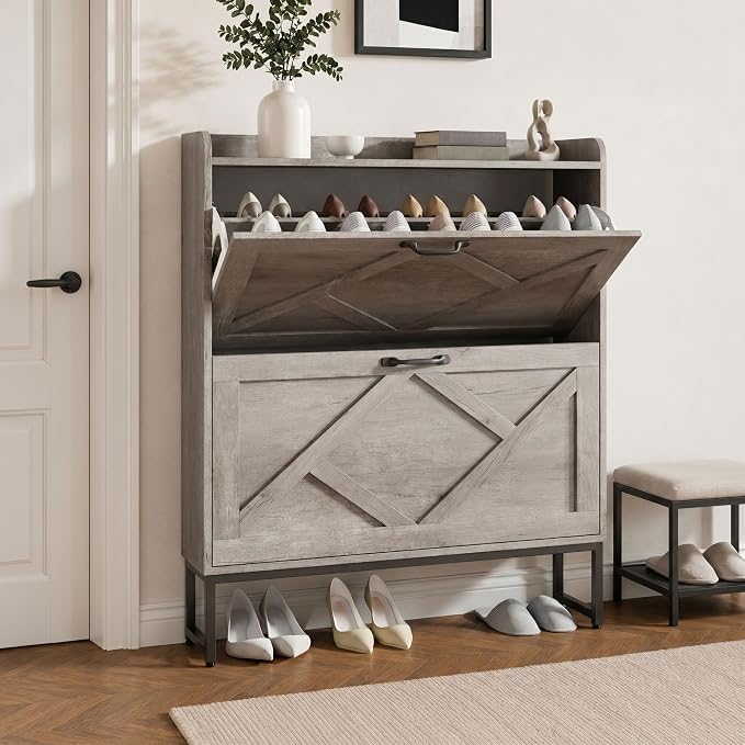Nicetree Shoe Cabinet Storage for Entryway, Slim Shoe Storage Cabient with 2 Flip Drawers, Narrow Vertical Shoe Rack Cabinet with Metal Hooks, Small Space Solution for Hallway, Grey