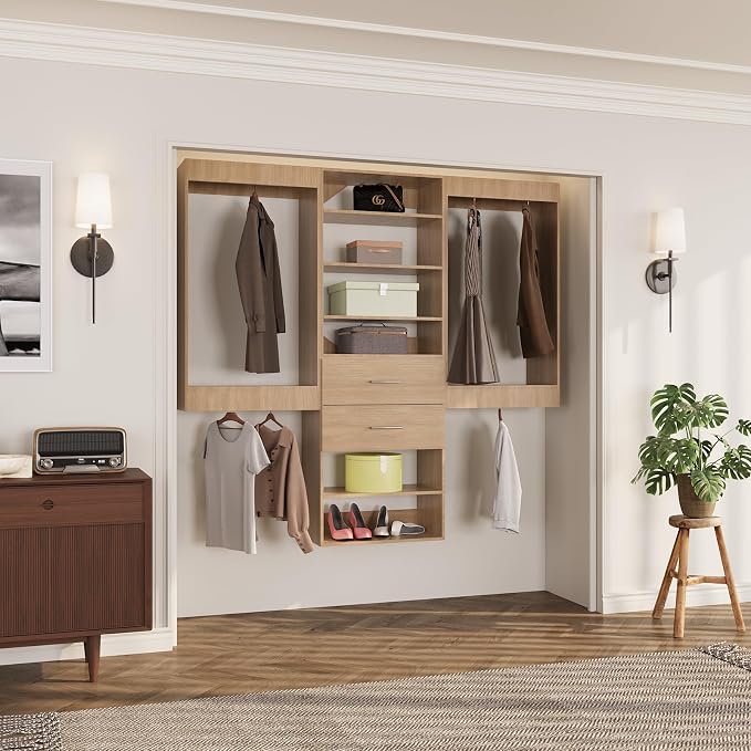 ROOMTEC Modular Closet System, 78" Wall Mounted Closet Organizer with Hanging Rods and Drawers, Wooden Tower for Walk-In Closets, Wardrobe Storage Kit, Wood