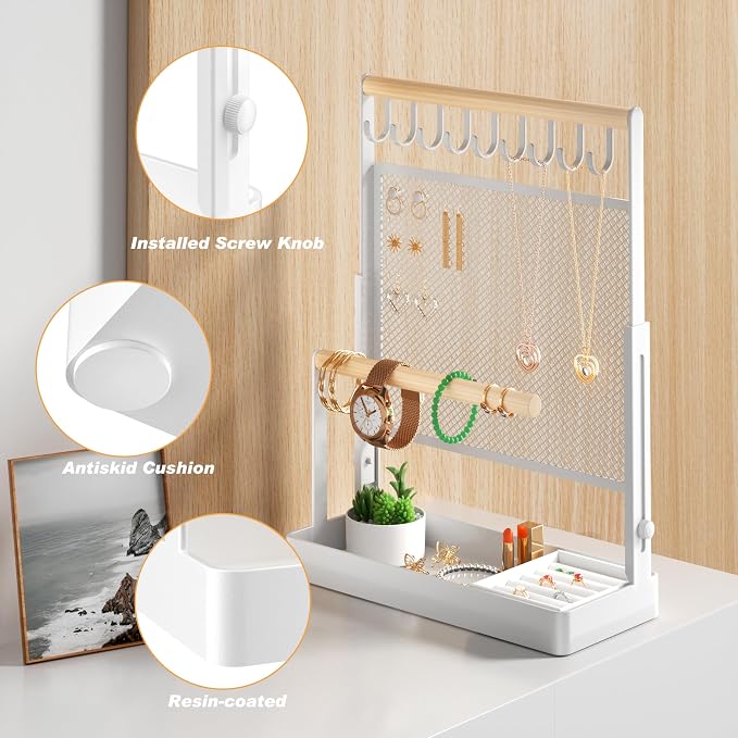 Jewelry Organizer Stand with Velvet Ring Holder, Liftable Necklace Holder with Earring Organizer Net, 9 Hooks Necklaces Storage Wooden Handing Bar for Bracelets Watches Rings (White)