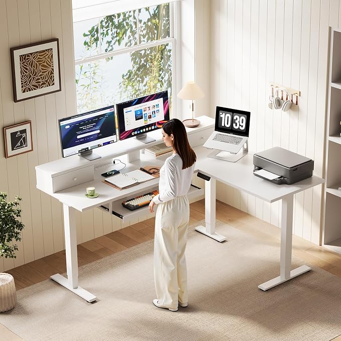 OffiGo 59 Inch L Shaped Electric Standing Desk with Drawers, White | Monitor Stand, Keyboard Tray, Fabric Drawer, Power Outlets, Height Adjustable Corner Stand Up Desk for Organized Home Office