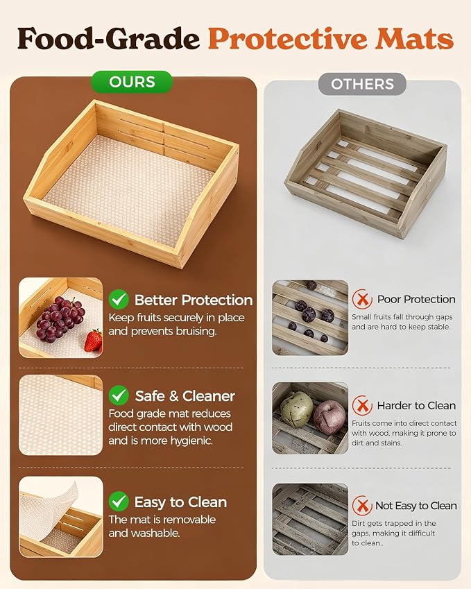 Sevenblue 3-Tier Bamboo Fruit Basket with 2 Banana Holders | Large tiered organizer for bread, snacks, veggies. Sturdy bamboo, includes mats & dividers. Easy to assemble.