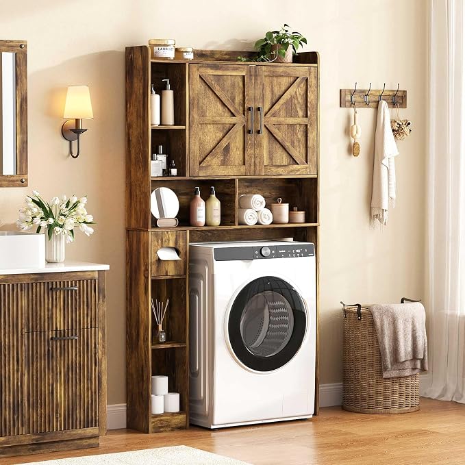 Vabches Over The Toilet Storage Cabinet with 2 Barn Doors, Rustic Brown | Farmhouse Storage Cabinet with Toilet Paper Holder Stand，Home Space-Saving Toilet Rack, for Bathroom, Restroom, Laundry
