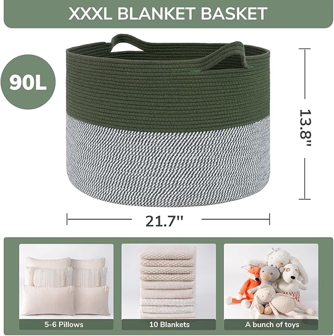 INDRESSME INDRSSME Large Laundry Storage Basket, 21.7 x13. 8 - Decorative Rope Blanket Basket for Organizing Bedroom, Living Room, Nursery, Toy Storage for Colthes Towel, Empty Gift Baskets -Green