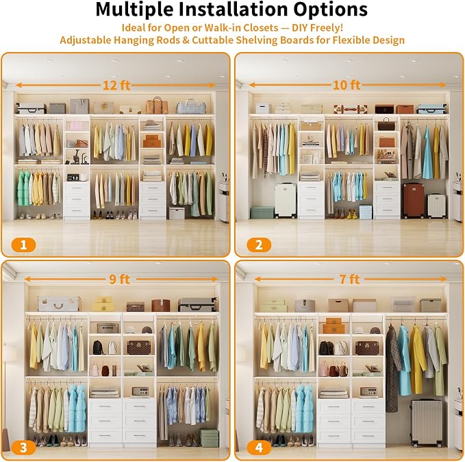 Closet System with 6 Drawers, 6FT-12FT Closet Organizer System with Cuttable Shelves Walk in Wooden Closet Storage System with 6 Hanging Rods Modular Closet, 2 Sets White