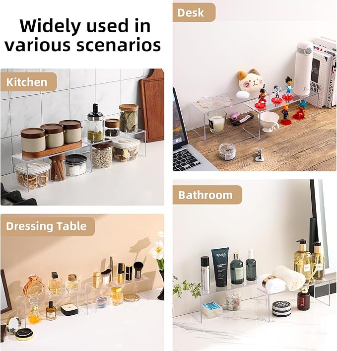 Aminigram 8 Packs Cabinet Organizer Shelf, Acrylic kitchen Cabinet Shelves, Shelf Riser for Dishes, Spices, Soda Cans and Bottles（12.4 x 4 x 4.6 inch）