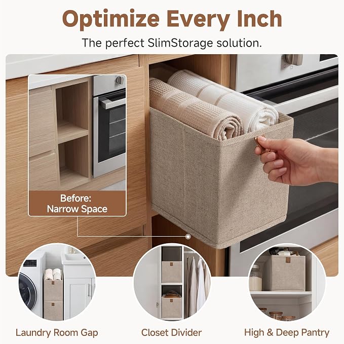 StorageWorks Fabric Storage Bins, Narrow Baskets for Storage, Small Baskets for Organizing with PU Handle, Suitable for Clothes, Books, and Toys, Brown and Beige, 4-Pack