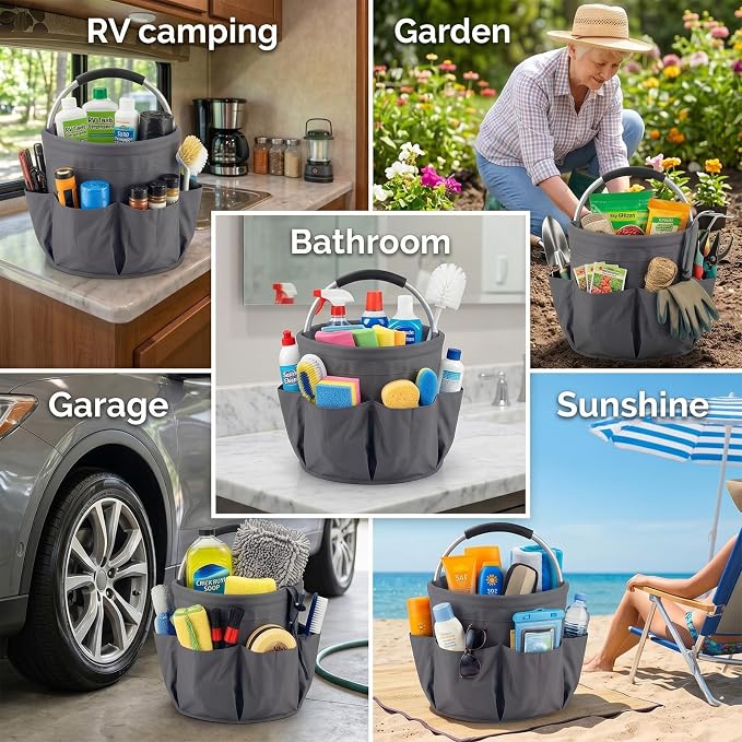 Foldable Cleaning Caddy with Handle 17L Large Cleaning Supplies Organizer 600D Oxford Portable Bucket Basket with 6 Pockets for Home Bathroom Garden Garage - Gray