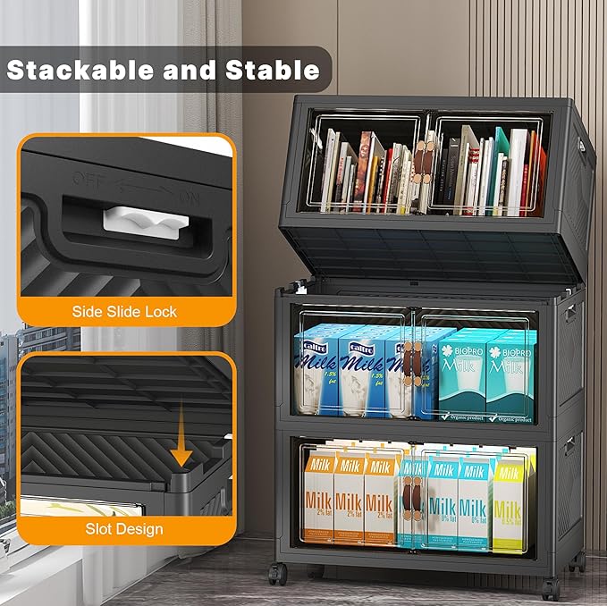 UAMFURI Stackable Storage Bins with Lids, Extra Large Plastic Organizer Cabinet Drawers, 288QT Collapsible Closet Containers with Doors and Wheels,For Bedroom, Kitchen, Office, Garage,(6Pack Cube)