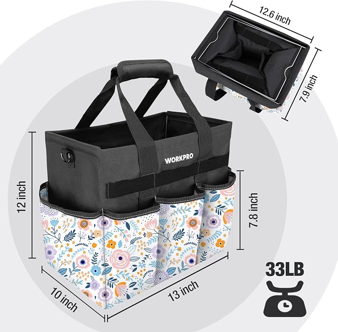 WORKPRO Garden Tool Bag, 10 Pockets and Shoulder Strap, Floral White | Heavy Duty Gardening Organizer Tote Bag Standable Garden Home Tool Kits Organizer (Tools are not Included)