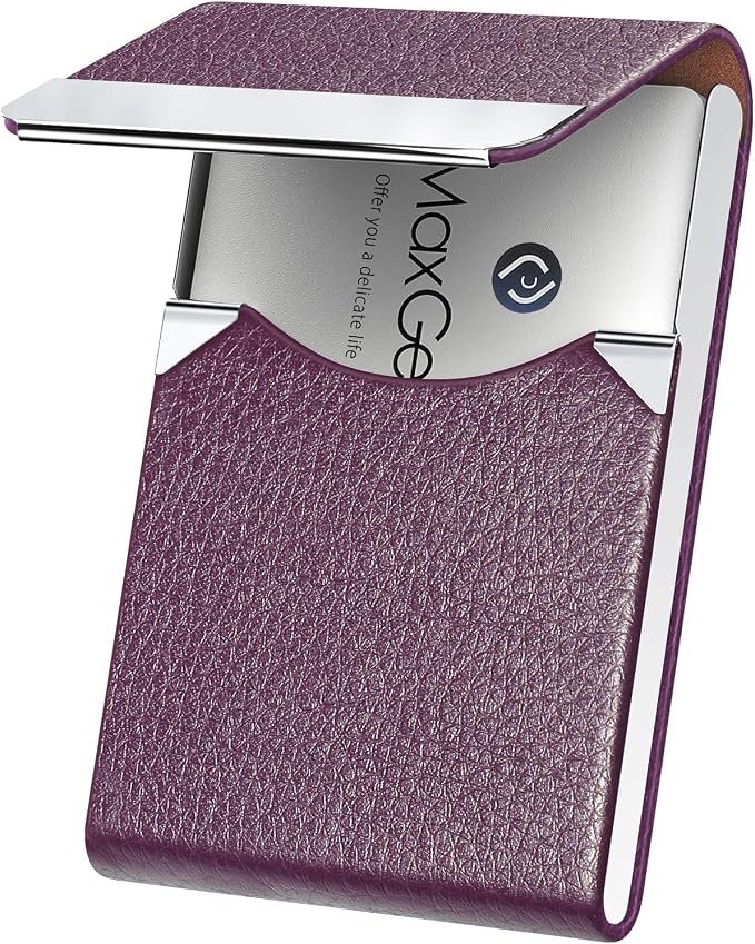 MaxGear Business Card Holder, PU Leather Business Card Case, Purple | Stainless Steel Interior, Magnetic Closure, RFID Blocking, Holds 15–25 Standard Business Cards