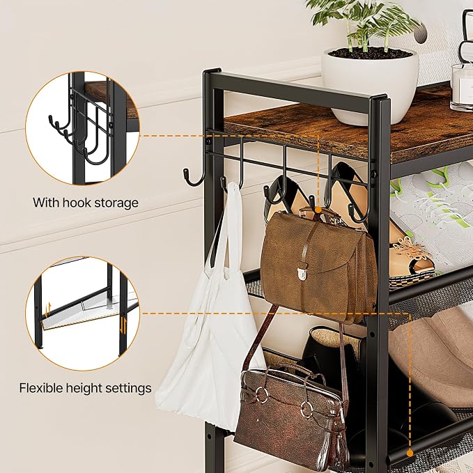 3 Tier Shoe Rack, Shoe Rack for Entryway with Hook, Shoe Organizer with Adjustable Mesh Shelves, Metal Shoe Storage, Closet, Bedroom Living Room Garage