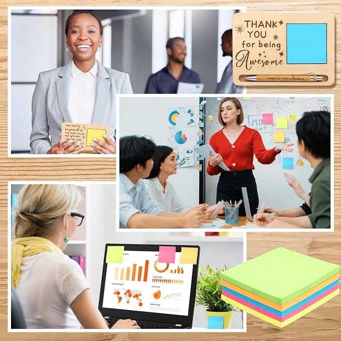 Kosiz 10 Set Back to School Teacher Gifts Wooden Sticky Note Holder with Notes and Ballpoint Pens Inspirational Sticky Notes Sets for Teacher Back to School Thank You Appreciation Gifts, Yellow