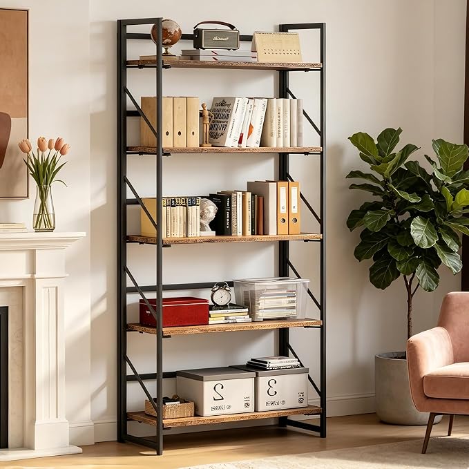 JSB No Assembly Folding Bookshelf, 5 Tier Industrial Metal Book Shelf for Storage, Vintage Wood Foldable Bookcase for Living Room, Bedroom, Office Organization Shelves