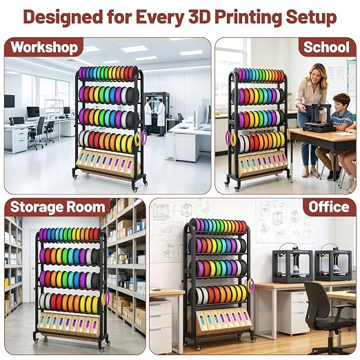 3D Printer Filament Storage Rack with Wheels, 5-Tier Adjustable Metal Shelf Holds 40 Spools, Mobile Filament Organizer with Hooks for PLA ABS TPU, 3D Printing Workspace & Studio