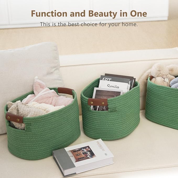ECDYQXVU 15x10x9" Woven Cotton Rope Storage Basket, Leather Handles 2 Pack | Foldable Design, Sturdy PU Handles, Easy to Clean Organizer for Living Room, Closet, Shelves, Bedroom, Laundry, Clothes