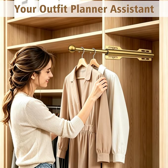 Valet Rod for Closet Pull Out, 12" Adjustable extending closet rod, Standard Retractable closet rod organization rack, Valet Clothing Hanger Rods Extender for Wardrobe Laundry Bathroom (Brushed Gold)