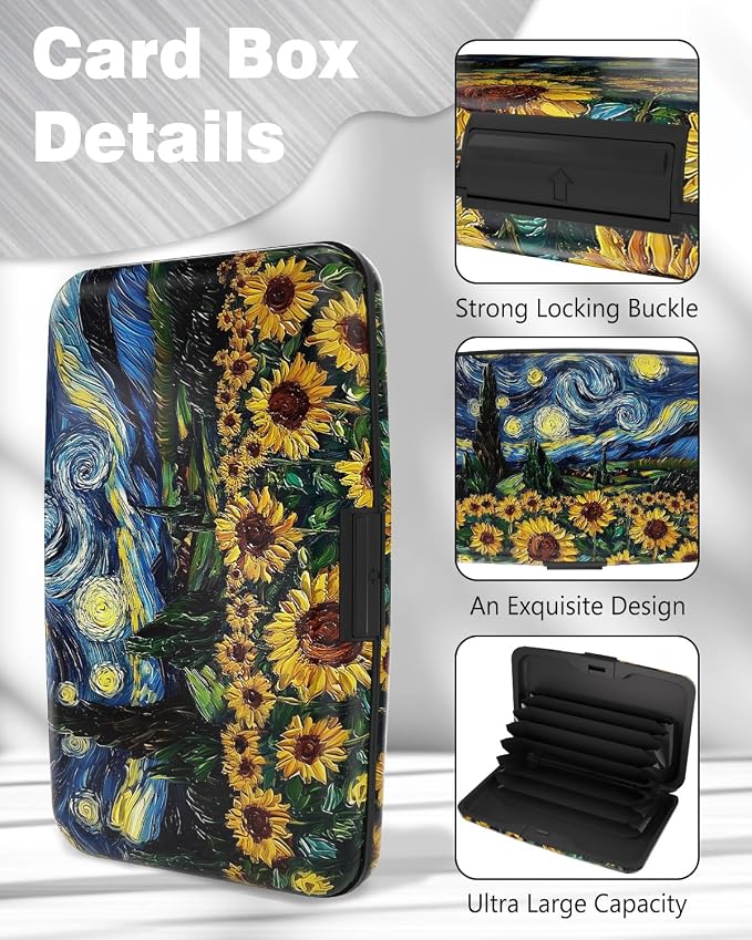 Maicican Credit Card Holder, Mini RFID Blocking Aluminum Wallet | Slim Metal Hard Case Travel Wallet ID Case for Women and Men, 4.3 x 2.9 Inches, Starry Sky Sunflowers