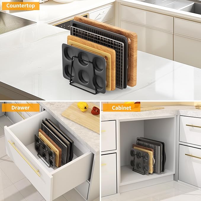 Cutting Board Organizer Kitchen Organizer Rack for Cutting Board, Bakeware, and Cookie Sheet, 5-Slot Heavy-Duty Steel Cookware Holder,Rust-Resistant with Anti-Slip Feet (2, Large)