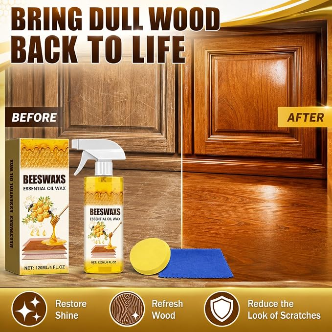 Beeswax Wood Polish Spray, Beeswax Essential Oil Wax, Deep Restore Furniture Cleaner for Cabinets, Hardwood Floors, Tables & All Wood Surfaces, Non-Greasy Formula (1)