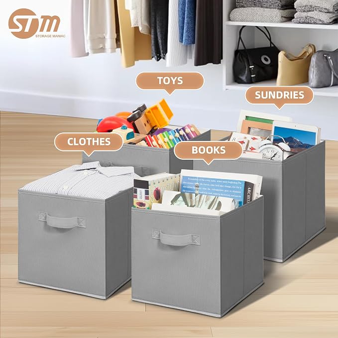 STORAGE MANIAC Storage Cubes, 11 Inch Collapsible Storage Bins with Handles, 10 Pack Fabric Foldable Bins for Organization, Durable Storage Bins for Closet, Shelves, Offices, 10-Pack Grey