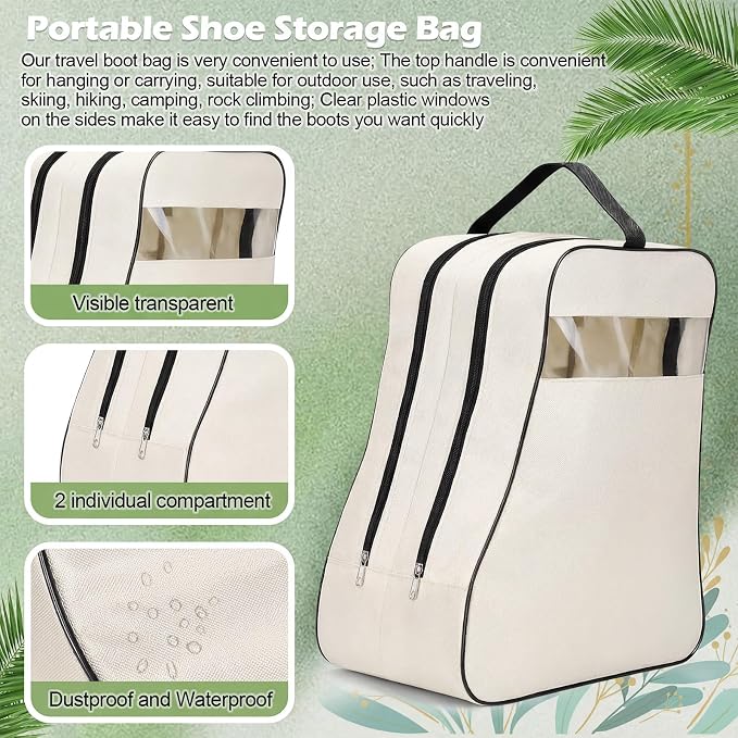 Aliceset 2 Pcs Boot Bags for Cowboy Two Separate Compartments Boots Portable Storage Bag for Travel Long Tube Shoes Bags Men Tall Shoe with Handle for Home Travel (Beige)