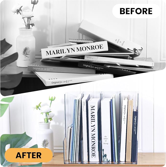 LALOBLUE Vertical Magazine File Holder, Clear, 4 Pack | Plastic, Holds Magazines, Binders, Notebooks, Envelopes, Desk Organizer and Storage Bins