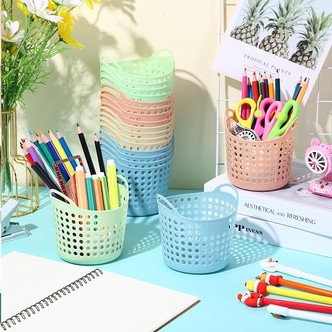 Weysat 36 Pcs Pencil Cup Bulk Plastic Pencil Basket Organizer Desk Basket for Pens Round Pens Holder for Classroom Back to School Office Home Crayon Stationery Organizer Supplies(Macaron Colors)