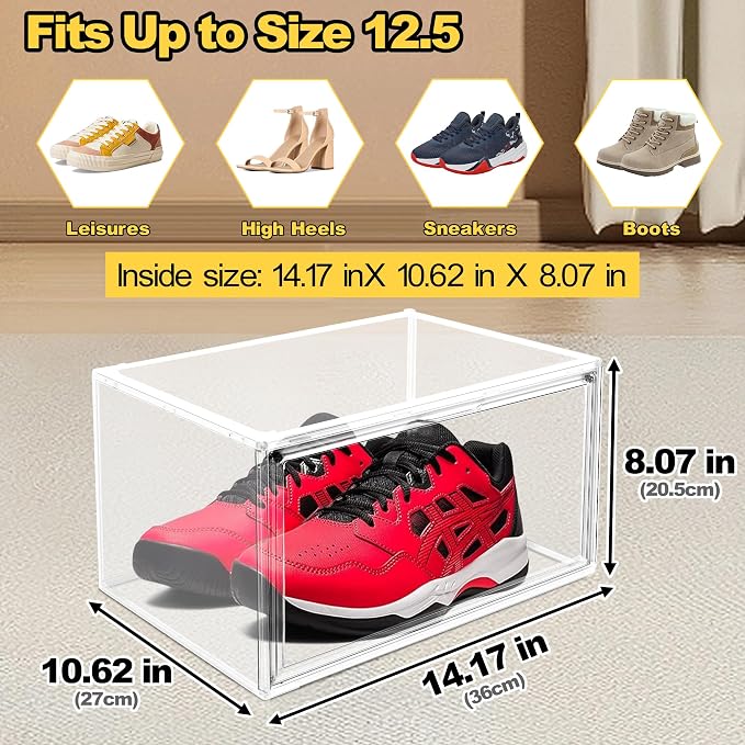 Clear Shoe Boxes Plastic Stackable ‌Shoe Cabinet‌ with Acrylic Magnetic Lids Drop Side Sneaker Display Case for Closet, Entryway, Fits Men's or Women's Shoes up to Size 12.5 (14.17''x10.62''x8.07'')
