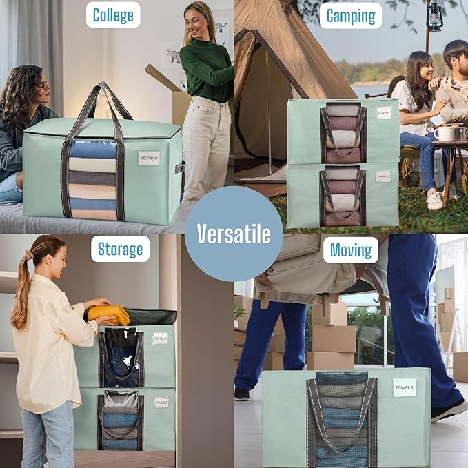 VENO 8 Pack Moving Bags with Clear Window, Heavy Duty Storage Bins with Lid, Around Handles, Tag, Zippers, Extra Large Totes Packing Moving Boxes Supplies for College Dorm Clothes (Light Green)