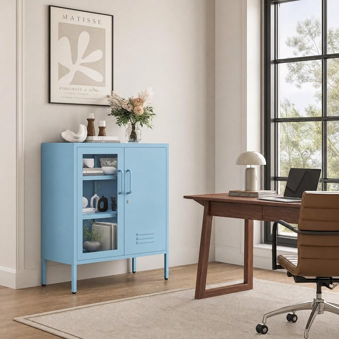 Lockable Metal Storage Cabinet Locker Adjustable Shelves, Multifunctional Versatile Storage Lockers, Easy Assembly Durable Metal Sideboard Furniture for Bedroom Home Office Blue