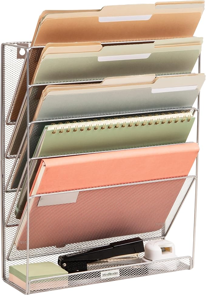 Mind Reader 5-Pocket Vertical File Storage, Desktop Organizer, Wall Mount, Office, Metal Mesh, Silver