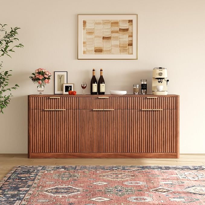 Evermagin 67" Fluted Walnut Sideboard Buffet Cabinet with 3 Drawers | Modern credenza and console cabinet with storage for kitchen, living room, entryway or coffee bar, 67"W x 31.5"H x 15.7"D
