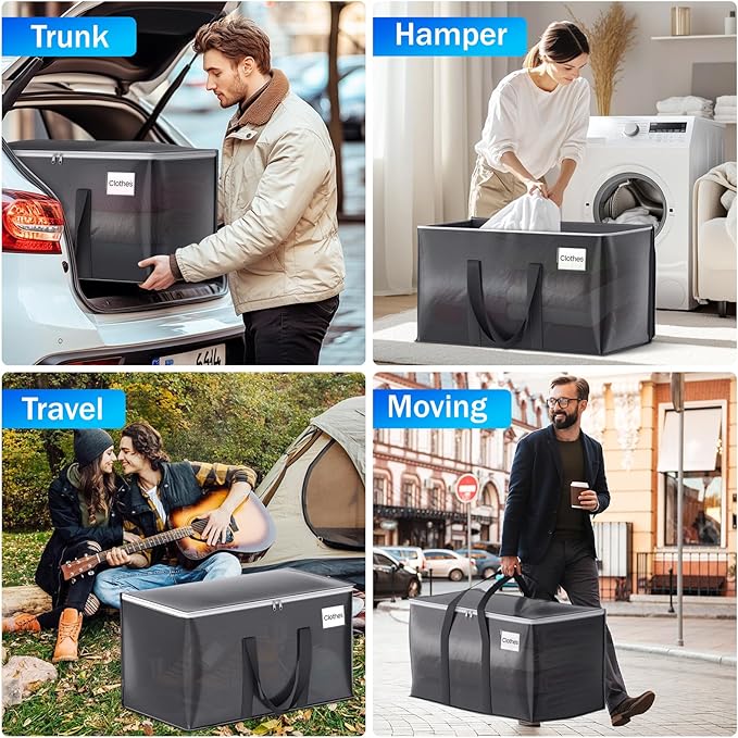 ElegantArray 10 Pack Moving Bags Heavy Duty, Moving Boxes, Storage Bags with Zipper & Handles & Tag for College & Dorm Moving Supplies Grey Laundry Hamper Bag, Foldable Space-saving Totes (76L, Grey)