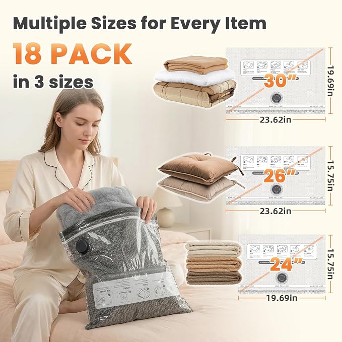 18 Pack Vacuum Storage Bags for Travel with Cordless Pump | 1.5s Hold to Start, 2000mAh Rechargeable, 100+ vacuum seals per charge, 60000Pa suction, for Luggage and Suitcase